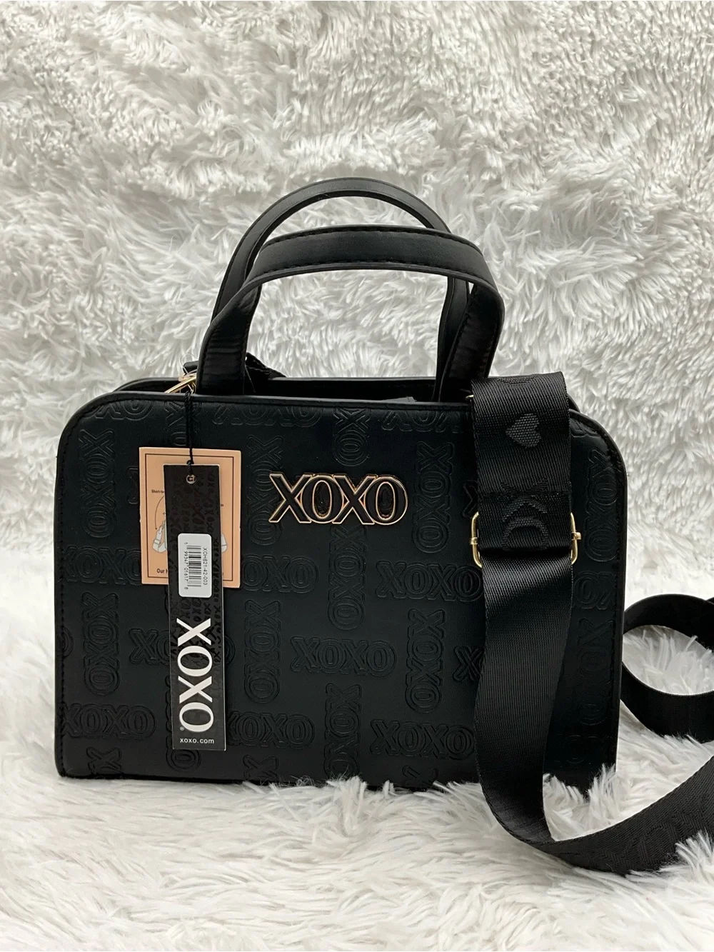 XOXO Black Embossed Logo Satchel Crossbody Bag with Gold Hardware